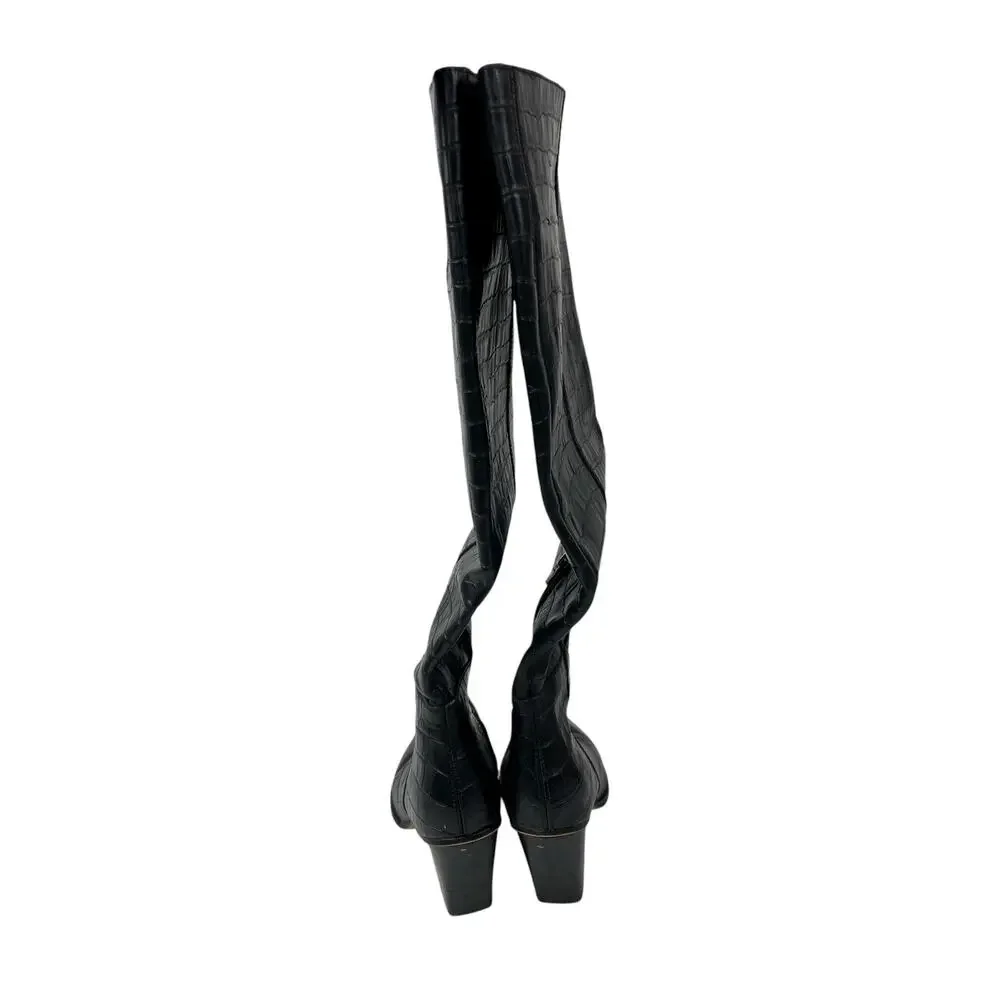 Dolce Vita Black Leather Crocodile Print Pointed Toe Knee High Cowboy Boots 9.5